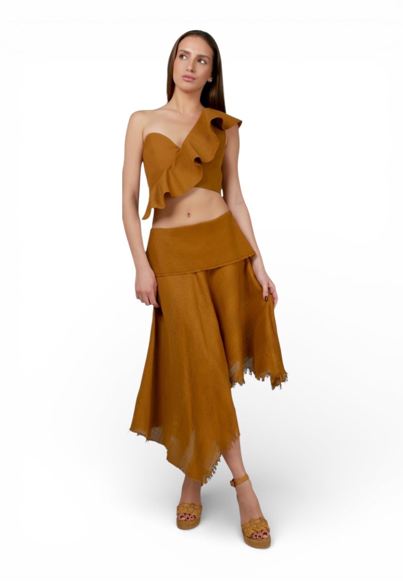 Top Volante Un Hombro Gris/Beige - Adriana Cobo