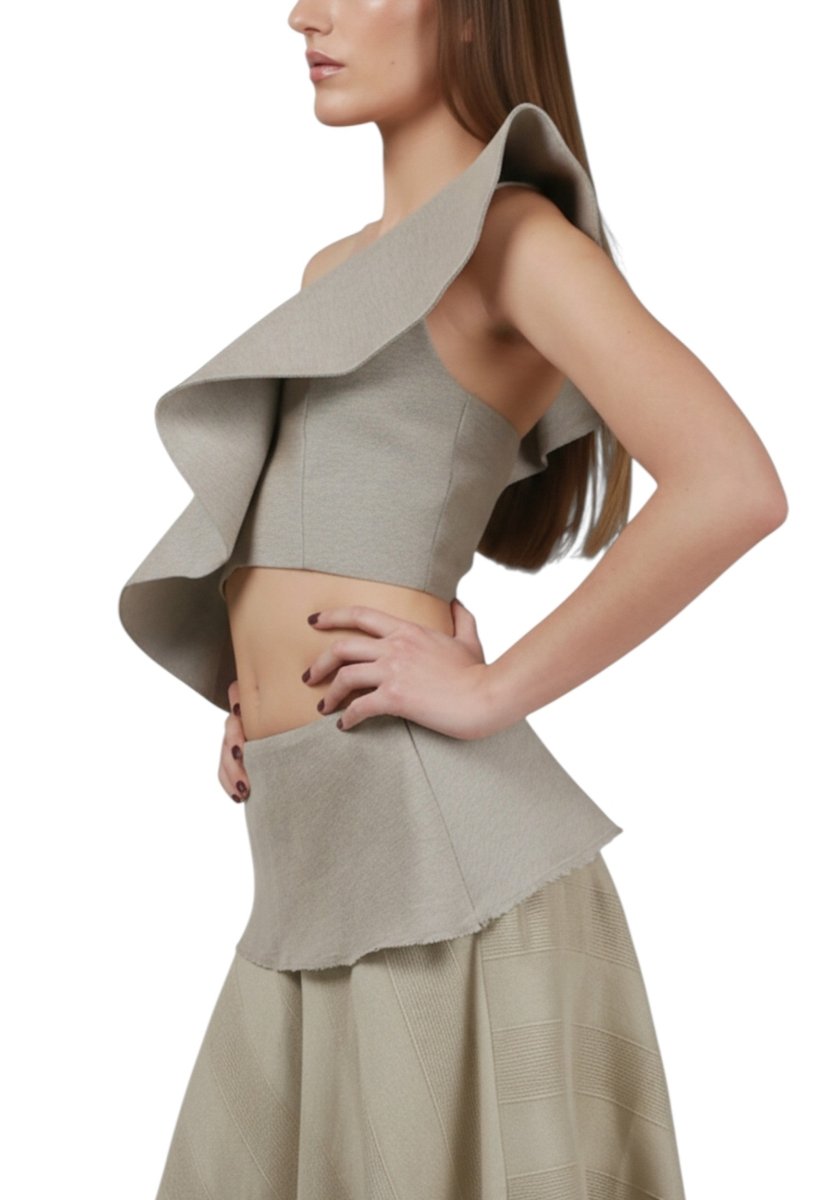 Top Volante Un Hombro Gris/Beige - Adriana Cobo