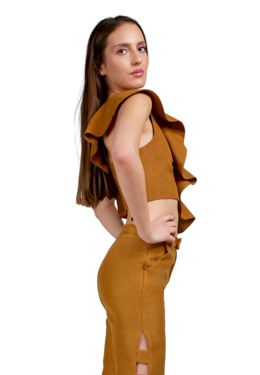 Top Volante Un Hombro Gris/Beige - Adriana Cobo